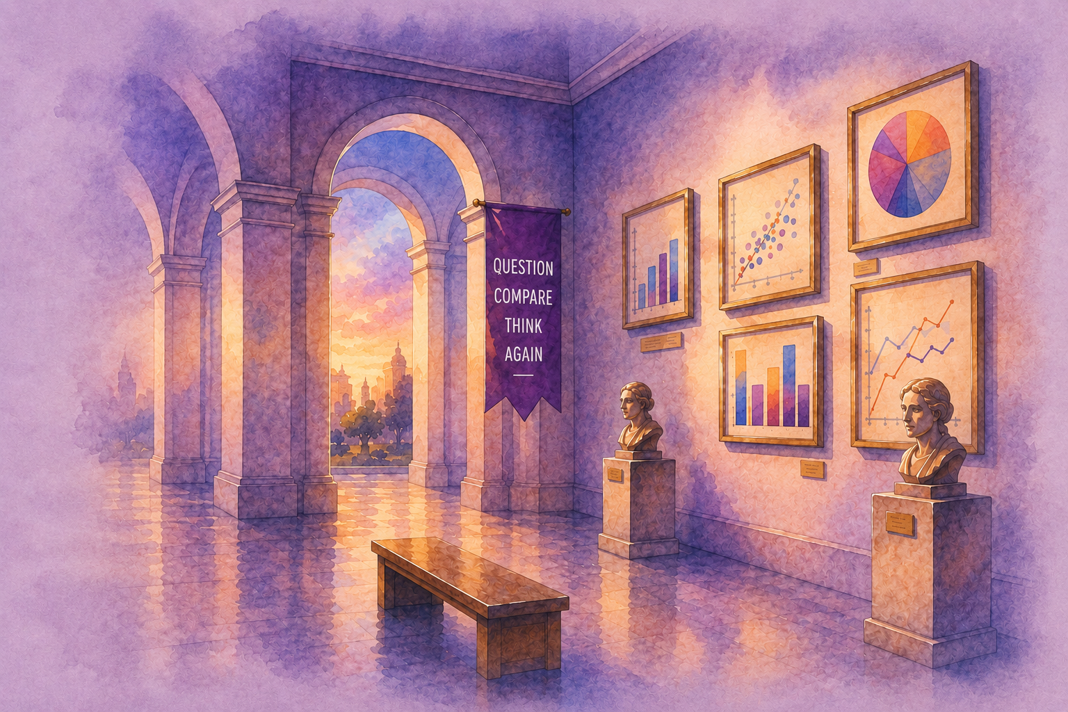 Watercolour illustration of a museum gallery filled with statistical charts